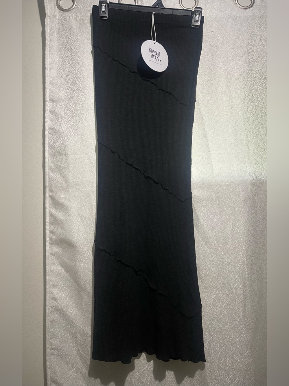 Princess Polly Black Ribbed Maxi Skirt with Diagonal Ruffle Detail